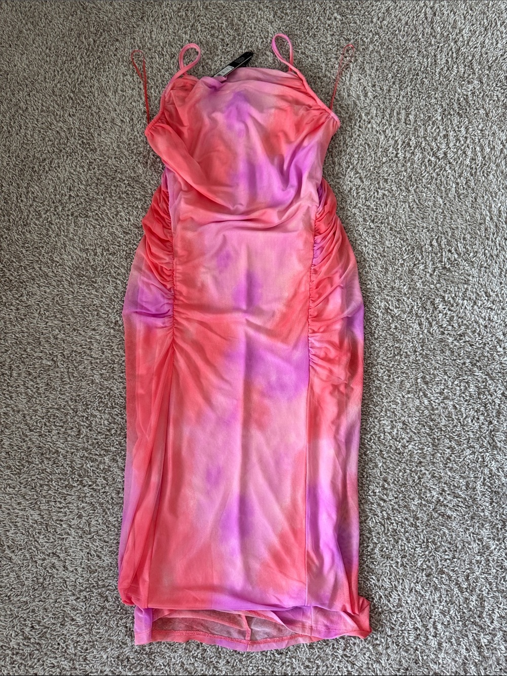 Fashion Nova Pink & Coral Tie-Dye Ruched Slip Midi Dress